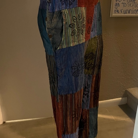 NWT patchwork overalls by windhorse adjustable size boho style pants - Picture 11 of 13
